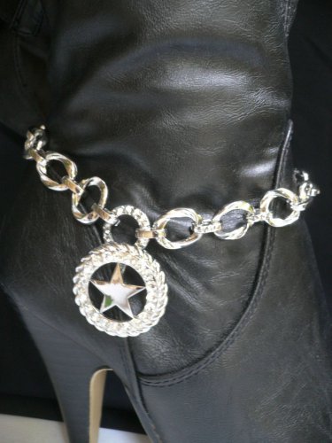 Women Boot Anklet Chain Silver Strap Rhinestones Texas Star Western Shoes Charm