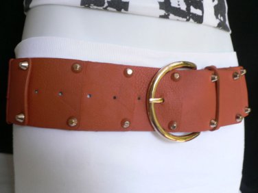 New Women Hip Waist Elastic Rust Fashion Belt Gold Stud's Buckle 22"-31" XS S M