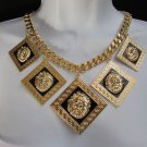 Women Gold Black Metal Chain Trendy Fashion Necklace Multi Lion Head +earrings