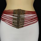 New Women Fashion Belt Hip Waist Antique Gold Brown Woode Wide Red Tie Plus M L
