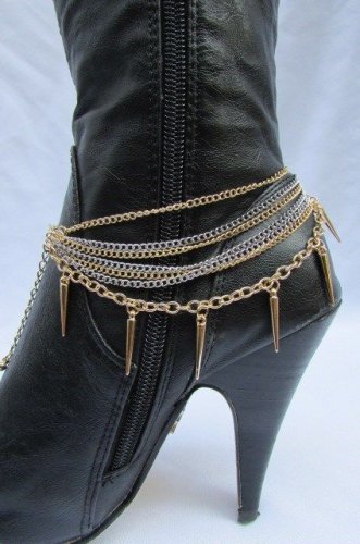 New Women Gold Metal Boot Chain Strap Punk Spikes Silver Rhinestone Shoe Charm