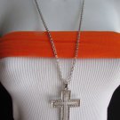 Wester Women Necklace Big Cross Silver Metal Fashion  Pendant Rhinestones 15"
