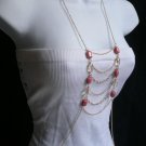 Women Gold Thin Metal Body Chains Long Fashion Necklace Pink Clear Beads Jewelry