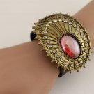 New Women Oval Antique Gold Brown Faux Leather Bracelet Fashion Big Rhinestones