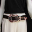 Women Brown Leather Western Fashion Belt American Flag Big Buckle 36"-40" M L