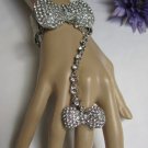 New Women Bow Bracelet Silver Metal Hand Chain Clear Rhinestones Slave Long Ring