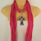 Women Scarf Pink Fabric Fashion Long Necklace Multi Silver Pendant Cross Charm