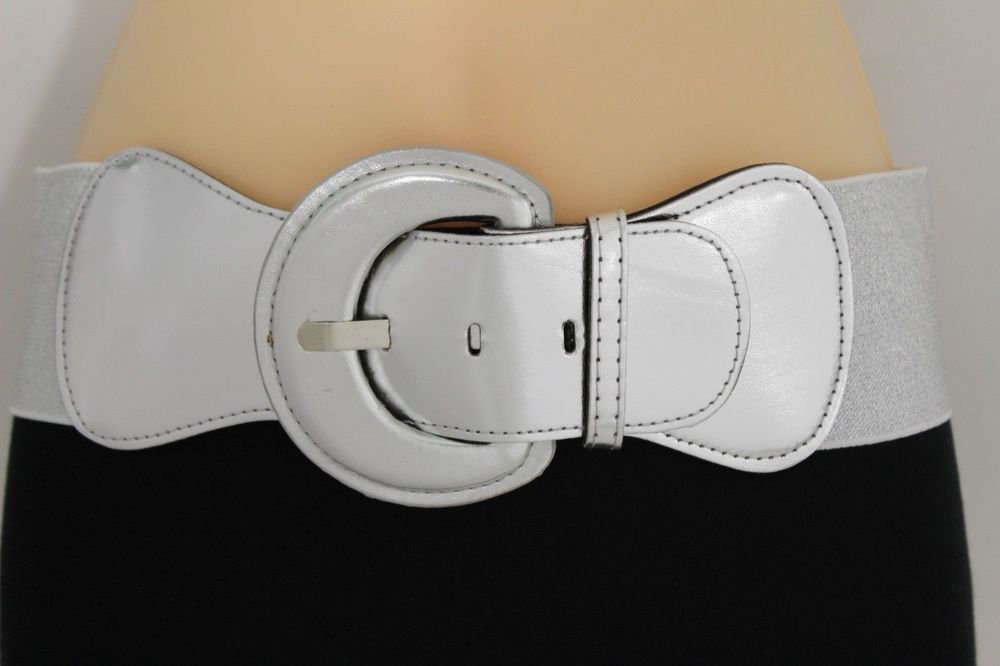 New Women Fashion Belt Hip Waist Metallic Silver Elastic Buckle Plus