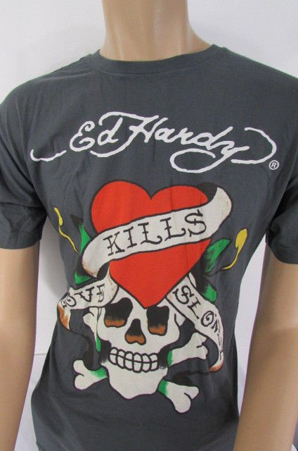 New Ed Hardy T-Shirt Men Dark Gray Crew Neck Skull Love Kills Slowly ...