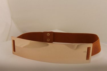 Women Elastic Belt Light Brown High Waist Hip Gold Metal Plate Fashion S M L