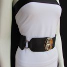 Women Waist Hip Black Side Ring Wide Elastic Fashion Belt Buckle 27"-32" S M