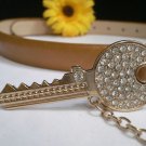 Women Fashion Belt Hip / Waist Brown Narrow Metal Gold Key Buckle 33"-39" Medium