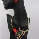 Women Fashion Bib Necklace + Earrings Calla Lily Rhinestones Flower Gold Silver