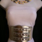 Women Belt Silver Elastic Faux Leather Hip High Waist 3 Buckles XS Small Medium