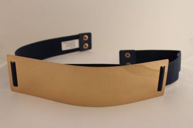 Women Elastic Belt Dark Blue High Waist Gold Metal Mirror Plate Fashion Plus M L