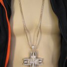 A Men Metal Chains Long Fashion Necklace Wide Gold Large 3D Cross Rhinestones