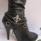 Women Pewter Rhinestones Boot Chain Strap Western Shoe Charm Fleur De Lis Hearts