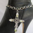 Women Silver Boot Anklet Chain Strap Rhinestone Big Cross Western Shoe Charm #17