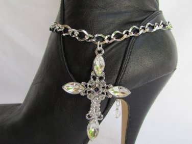 Women Silver Boot Anklet Chain Strap Rhinestone Big Cross Western Shoe Charm #17