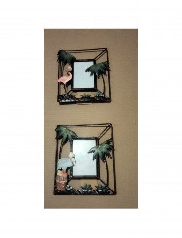 2 BEACHCOMBERS COASTAL LIFE Metal Frames DECOR WITH Tropical Flamingo Palm Trees