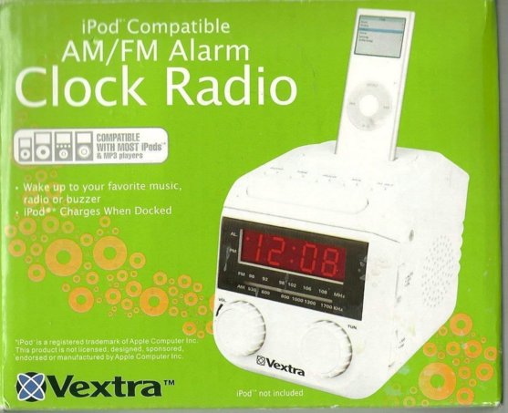 Vextra AM/FM iPod Compatible Clock Radio Doc Early Generation iDevice 30Pin LCD