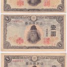 Japan 1 Yen X 3 Pieces 1943 WW2 1944 LOT Japanese Banknotes 1940's Vintage
