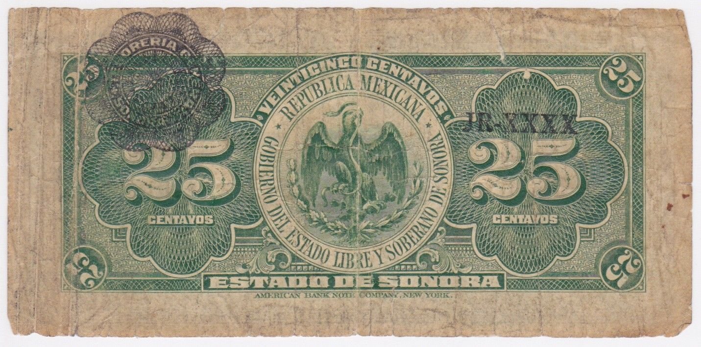 1913 Mexico Sonora Paper Money 25 Centavos Banknote Serie C Bill Mexican