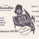 Rita Moss Jazz Islandia Cocktail Lounge  Card Flyer AD 1966 Rendezvoua