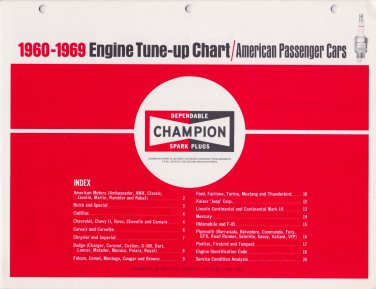 Vintage 1960-1969 CHAMPION Spark Plug Engine Tune-Up Chart American Cars