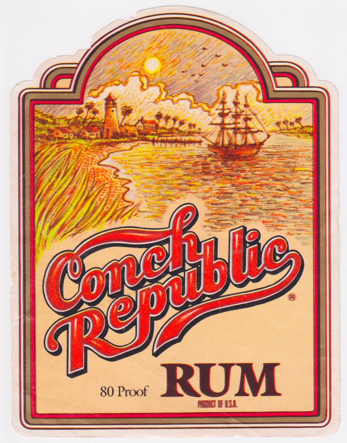 Conch Republic RUM Bottle Label Unused Vintage 80 proof Pirate Ship