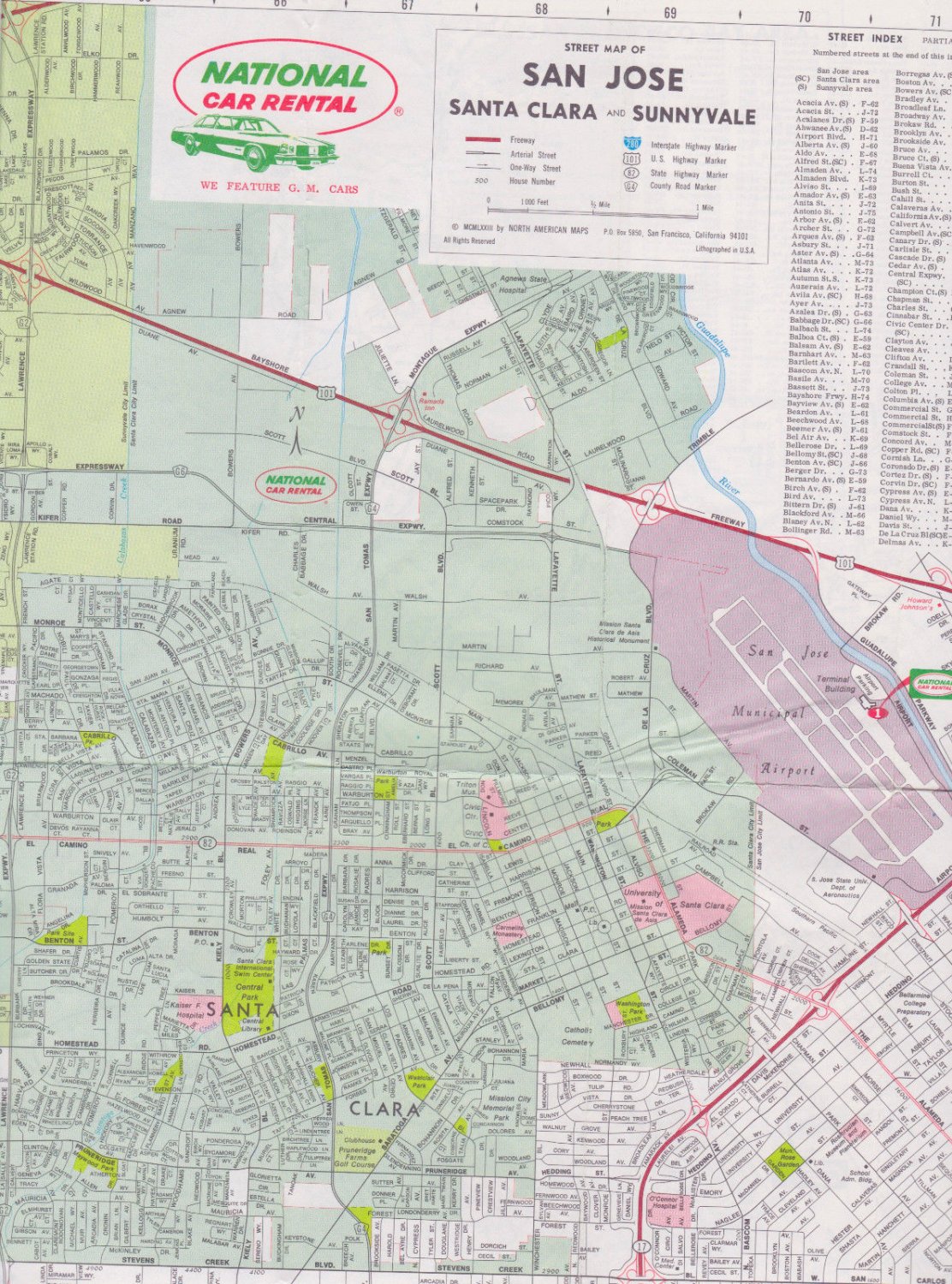 1973 NATIONAL Car Rental Map Palo Alto San Jose Santa Clara Sunnyvale California