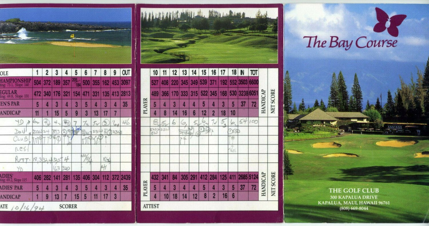 The Bay Course Kapalua Bay Golf Scorecard & Map 1994 Maui Hawaii