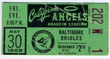 Ticket Stub MLB May 30, 1969 Baltimore Orioles vs. California Angels Anaheim