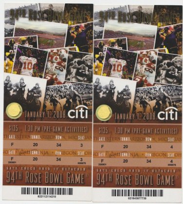 2008 Rose Bowl Ticket Full Illinois vs. USC Football National Championship Lot 2