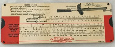 1958 P.A STURTEVANT CO. TORQUE WRENCH SCALE READING CALCULATOR SLIDE CHART