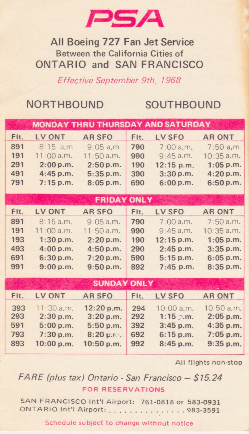 1968 PSA Pacific Southwest Airlines Flight Schedule Timetable 9/9/68