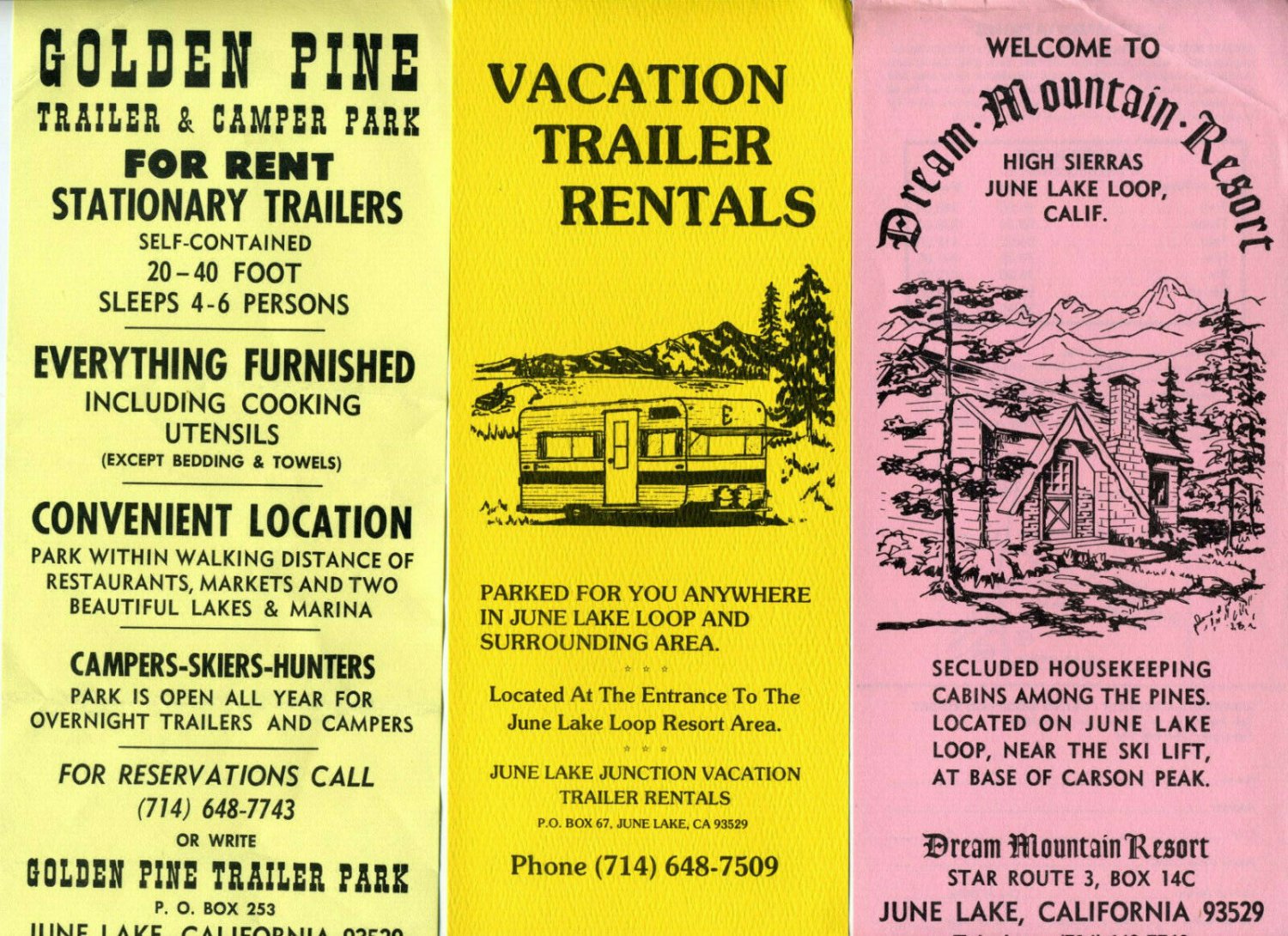June Lake Rental Flyer Advertisements Dream Mountain Golden Pine 1980s