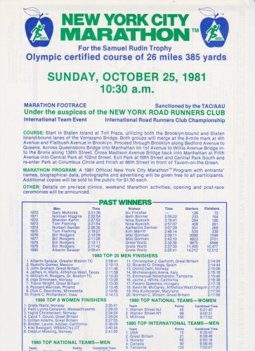 1981 New York City Marathon Official MAP w/ list of past winners 10/25/81
