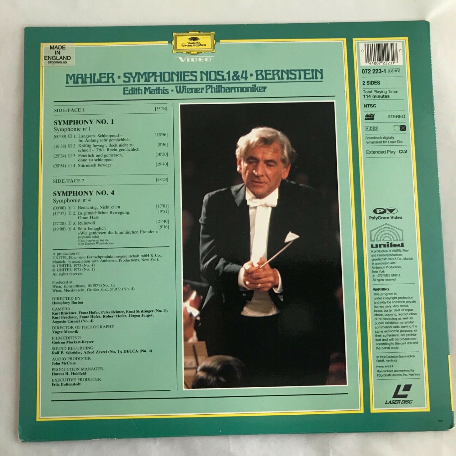 LASERDISC MAHLER Symphonies Nos. 1 & 4 Leonard Bernstein, Vienna Phil ...