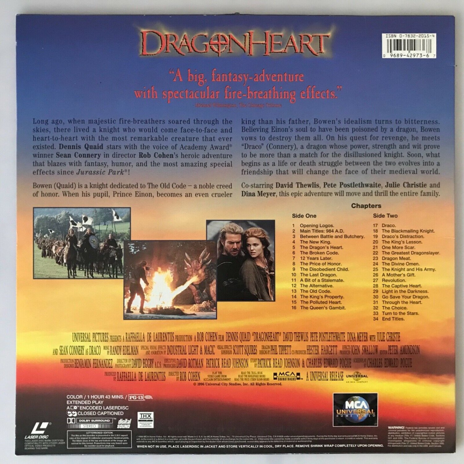 Laserdisc DRAGONHEART Sean Connery Julie Christie Dragon Mythological ...