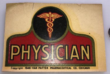 Decalomania 1946 Van Patten Pharmaceutical Physician Doctor window Decal vtg