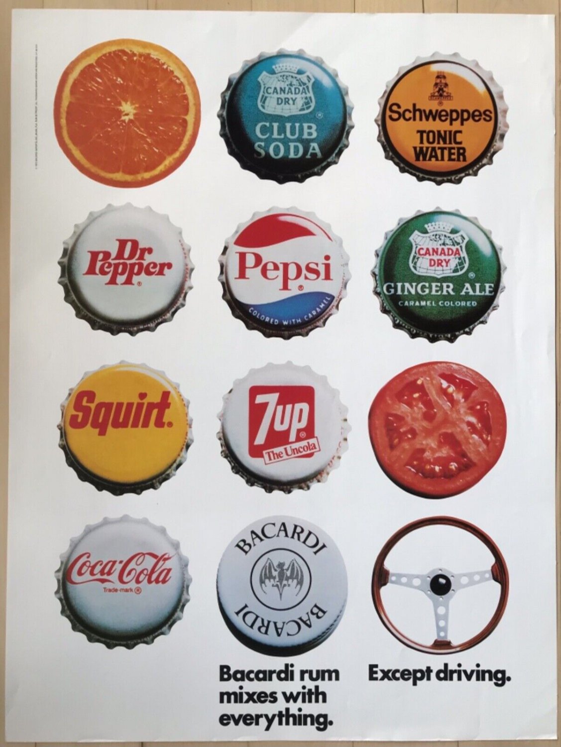 1973 BACARDI RUM Bar Poster Anti-Drunk Driving Coke Pepsi 7up Dr Pepper ...