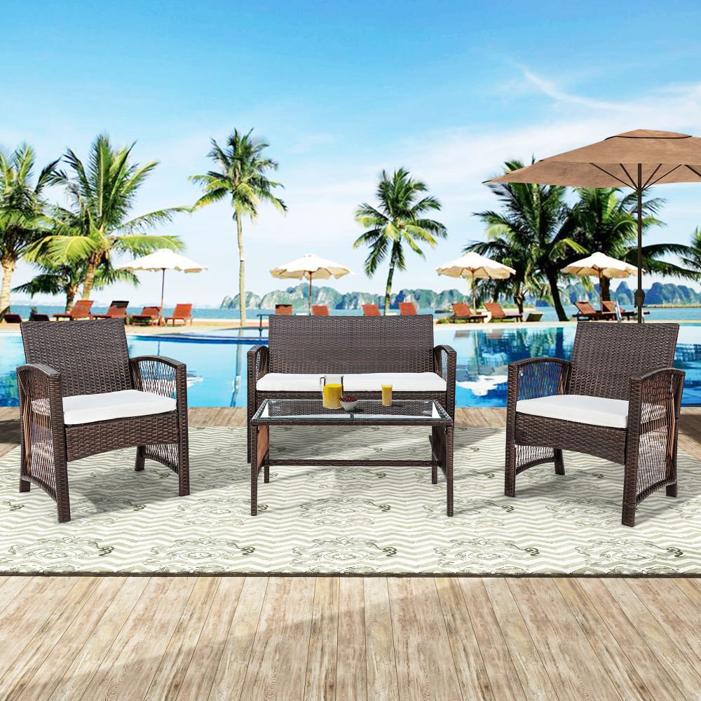 4 Pieces Outdoor Furniture Rattan Chair & Table Patio Set (BROWN)