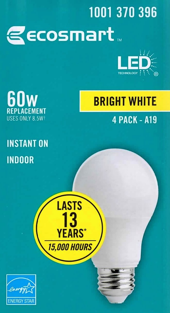 (172) LED 60W Bright White 3000K DIMMABLE EcoSmart A19 8.5W (60 Watt