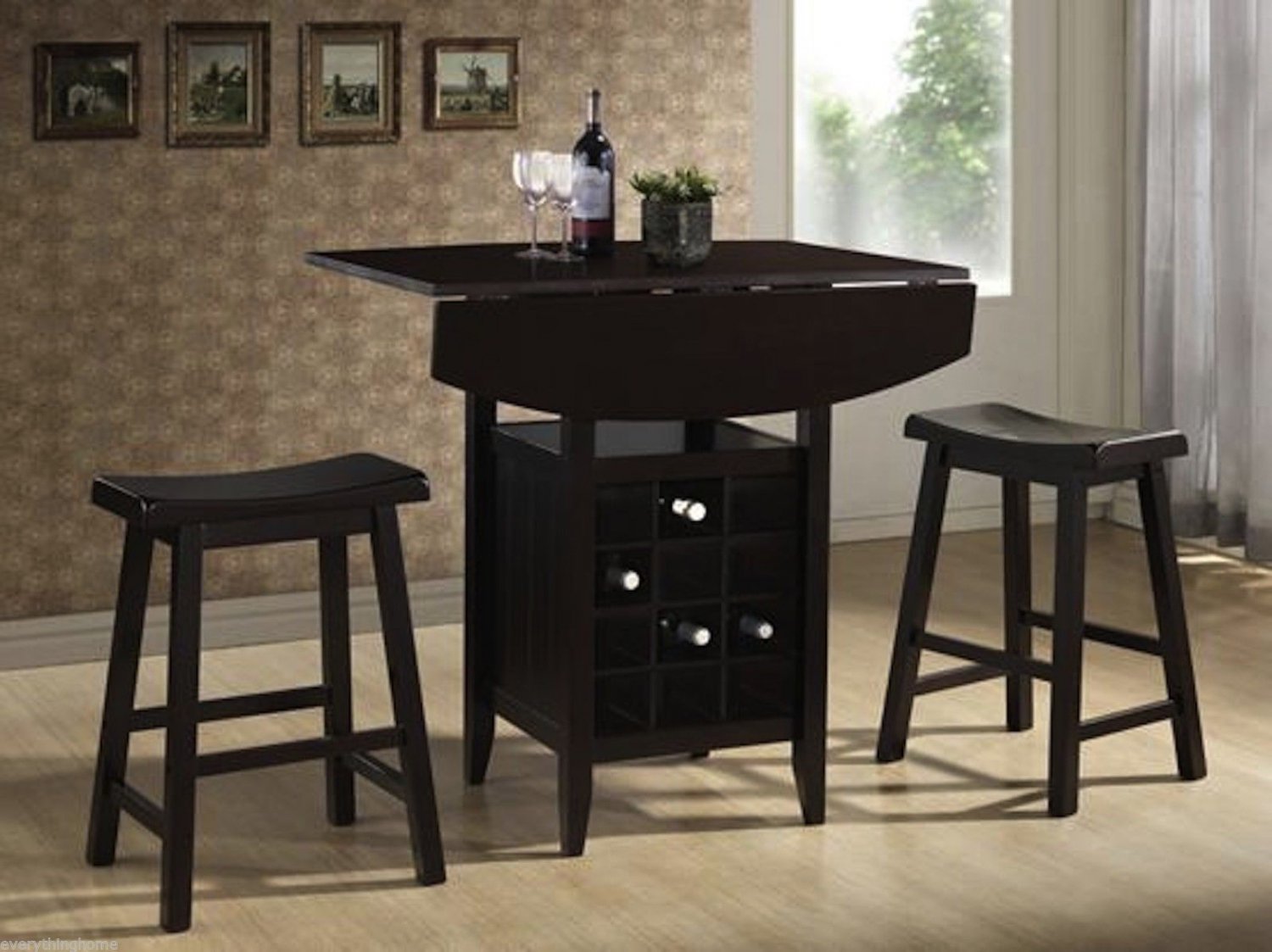 MODERN 3 PIECE DARK BROWNBLACK WOOD DROPLEAF PUB BAR TABLE WINE RACK