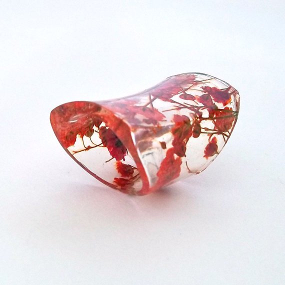 Extra Wide Resin Ring with Red Baby's Breath Flowers