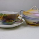 NIPPON HAND PAINTED LANDSCAPE SUGAR BOWL & Teacup w/saucer ANTIQUE VINTAGE RARE