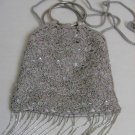 CROCHET LACE BEADED EVENING PURSE BAG STRAP & HANDLE SEQUINED TAUPE TAN BEIGE