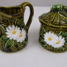 Vintage Retro Creamer & Sugar Bowl Lid Set Ceramic Japan Green bamboo with daisy