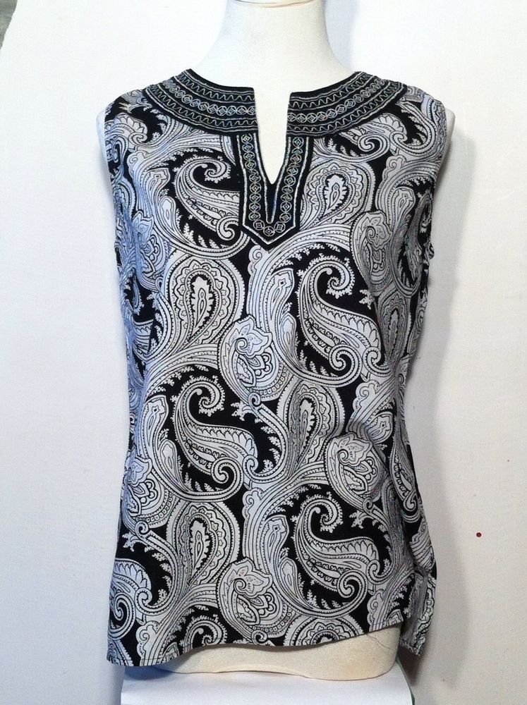 CYNTHIA ROWLEY BLACK AND WHITE PAISLEY SLEEVELESS SHIRT TOP SIZE LARGE ...